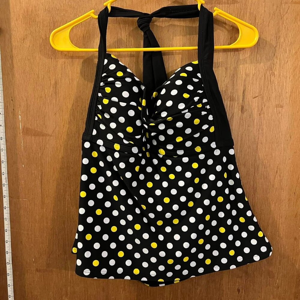🐻Size 1X(16W) - Catalina - Black w/White and Yellow Polka Dots Swim Top